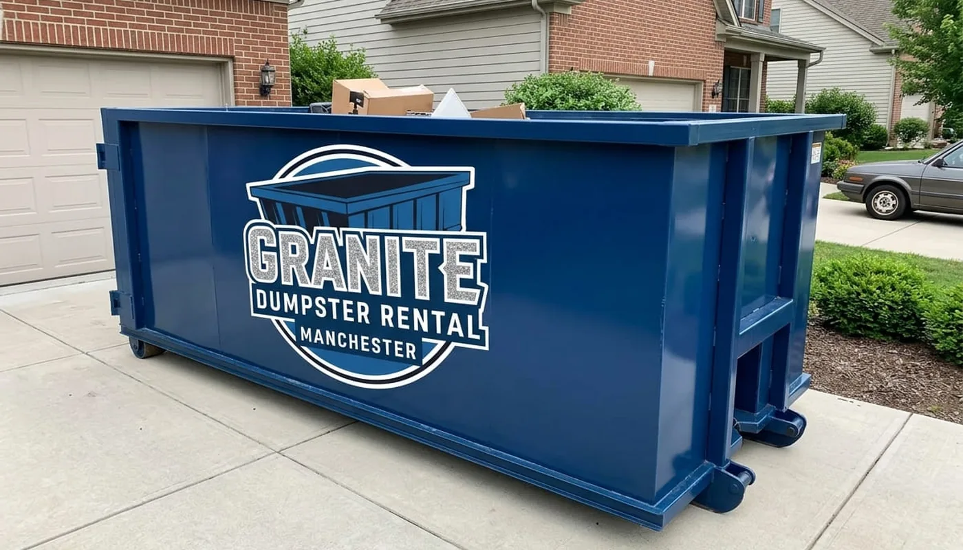 Dumpster rental in Manchester, NH Granite Dumpster Rental roll-off dumpster being delivered to a Manchester, New Hampshire driveway
